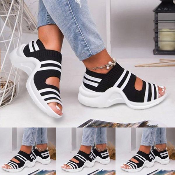 

women's sandals 2020 flat breathable comfortable casual shoes soft-soled beach shoes women's knitted tooth muffin sandals1, Black