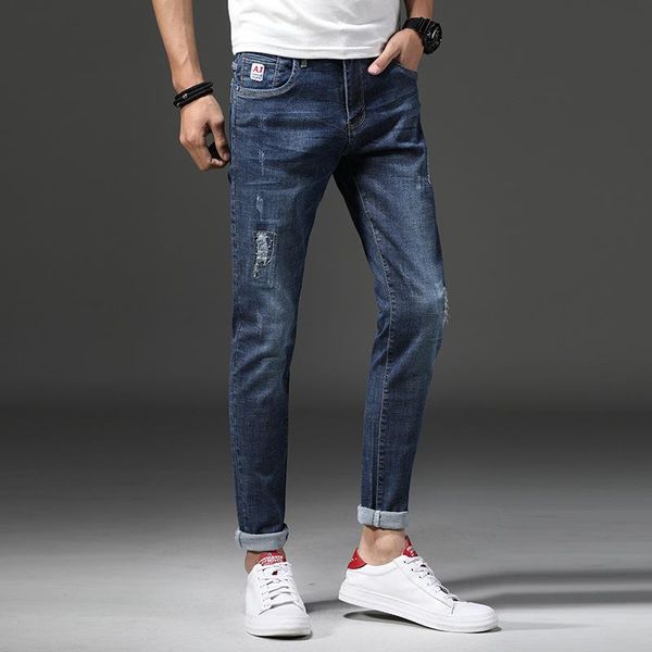 

men's fashion casual long jeans male slim high stretch trousers men thin personality ripped hole long pants 51303, Blue