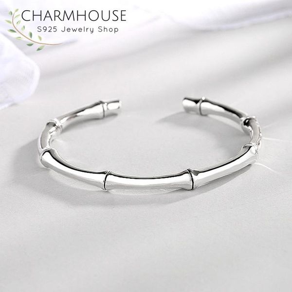 

pure silver open bangles for women simple bamboo charm bangle & bracelet cuff adjustable pulseira femme retro jewelry accesories, Black
