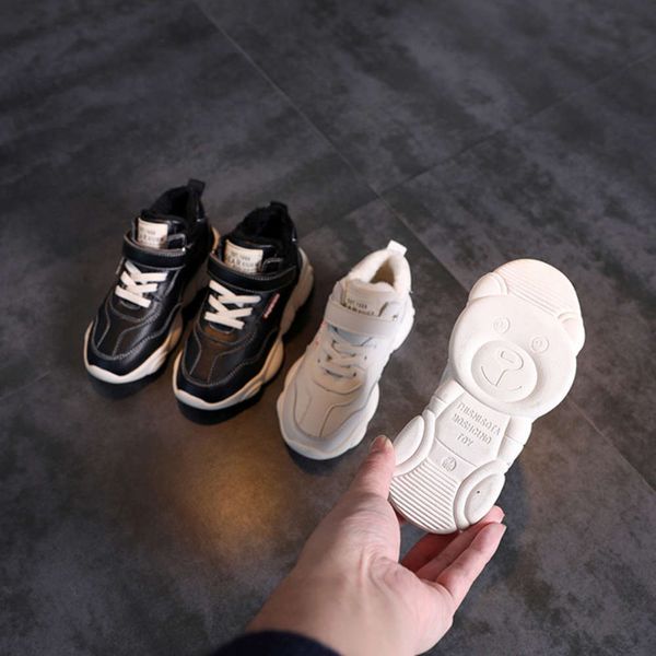 

kids' leather bear sho with plush in new winter, Black