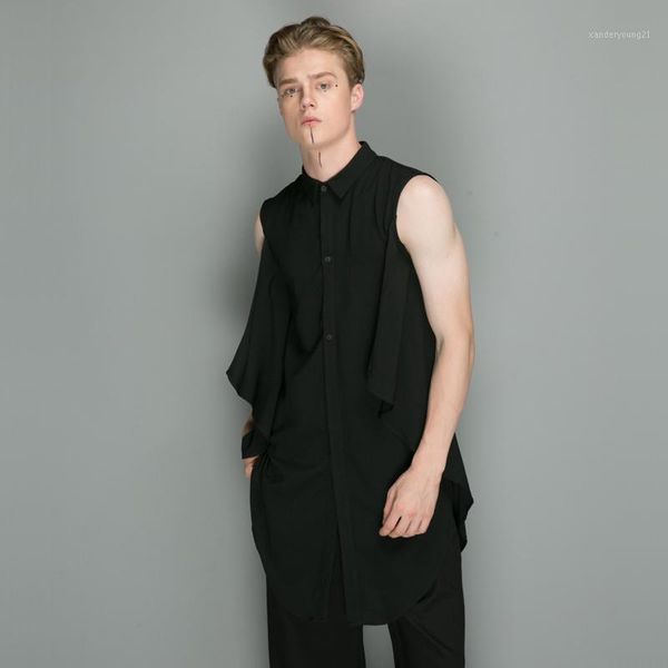 

men's casual shirts s-6xl 2021 men's clothing hair stylist gd fashion original medium and long sleeveless shirt coat plus size cos, White;black