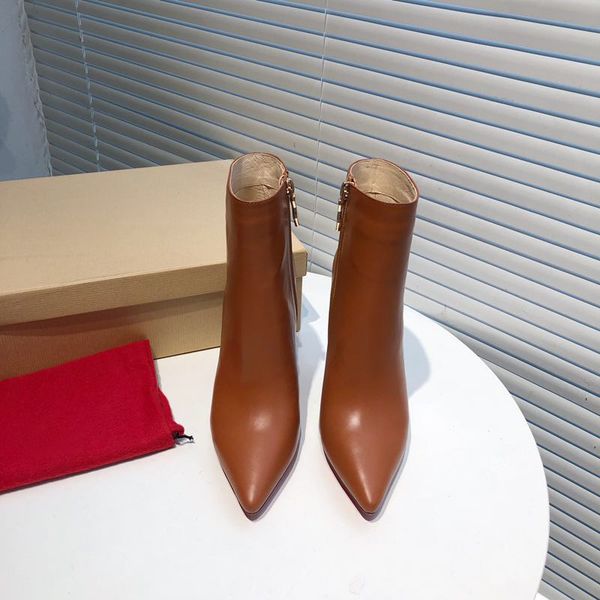 

designer womens boots luxury brown leather side zipper pointed high heel with box size 34-40, Black