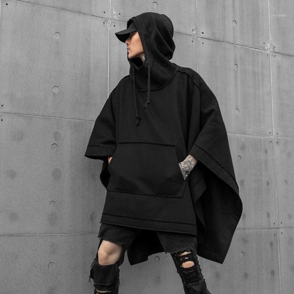 

men hooded sweatshirt male women oversize bat sleeve loose streetwear hip hop punk gothic pullover cloak hoodie outerwear1, Black
