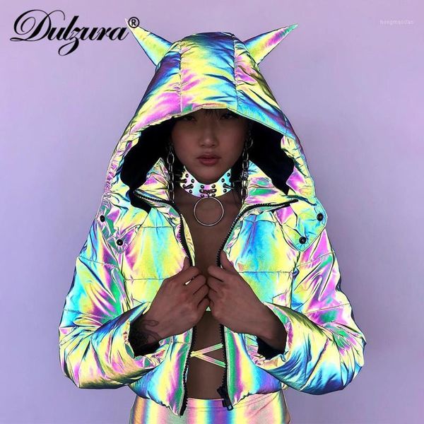 

dulzura 2019 winter women bubble coats padded jackel flash reflective hooded loose outwear cute casual crop devil ear party1, Tan;black