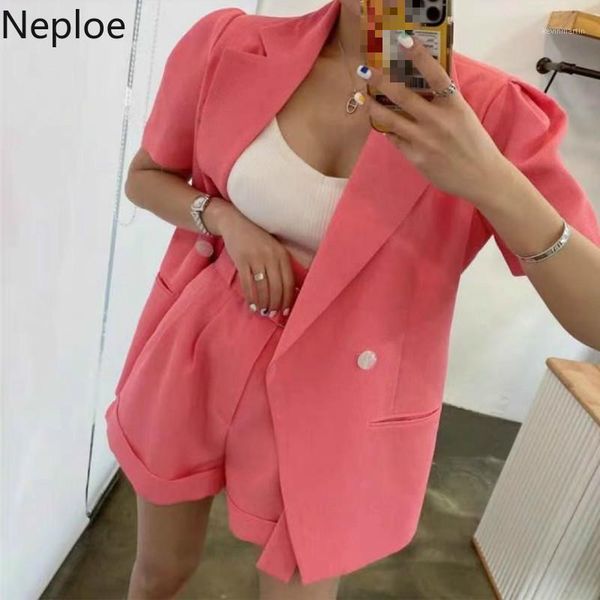 

neploe 2 piece set women notched collar pockets short sleeve blazer+sashes high waist wide leg shorts fashion office lady suits1, Gray