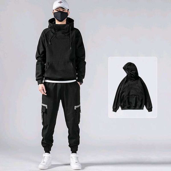 

mid high collar hooded sweater men's autumn winter sports pullover loose black plush thickened hat trend