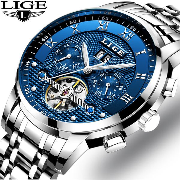 

lige mens watches fashion brand luxury business automatic mechanical watch men casual waterproof watch relogio masculino+box 201113, Slivery;brown