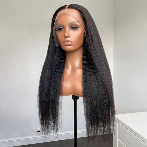 

costume accessories glueless yaki 26inch long 180%density kinky straight synthetic lace front wig for black women babyhair daily heat resist, Silver