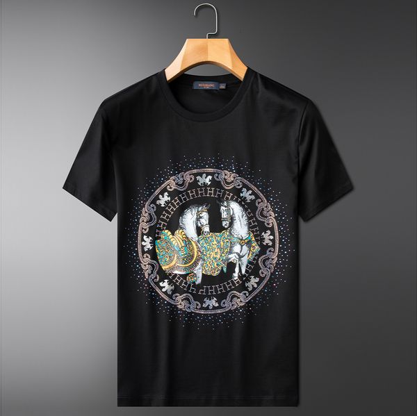 

printing luxury spring horse short print drill t-shirt streetwear man-thin shirt around the neck ch7j, White;black