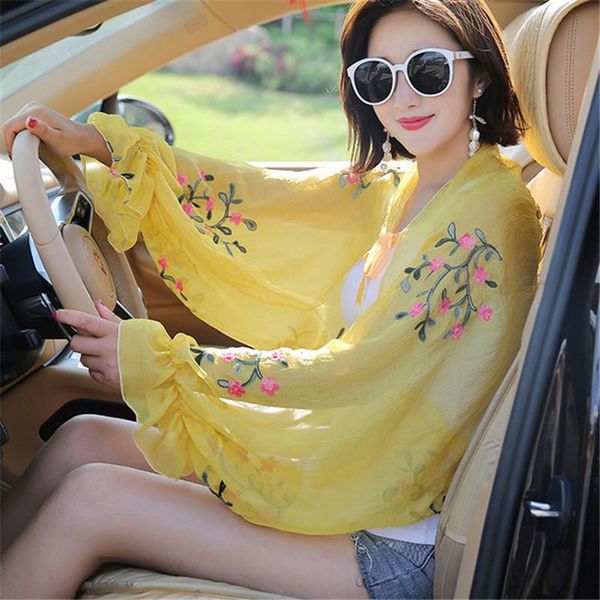 

floral embroidery bow tie scarves summer chiffon poncho cape women elegant ruffle long sleeve shawl female silk scarf sunscreen, Blue;gray