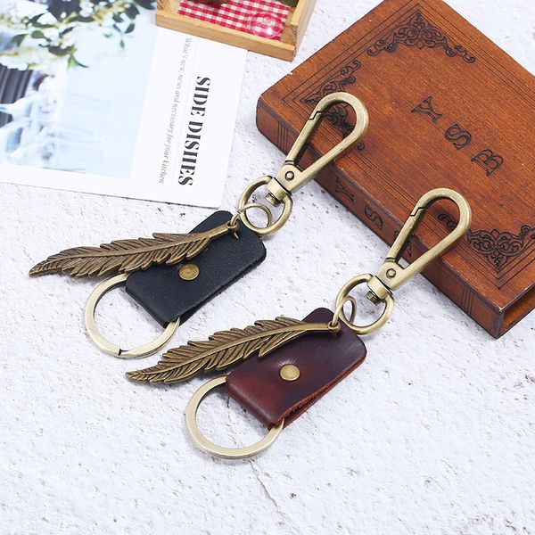 

bronze keychains for men feather alloy genuine personalized leather car key chain with quick detachable key chain rings, Slivery;golden