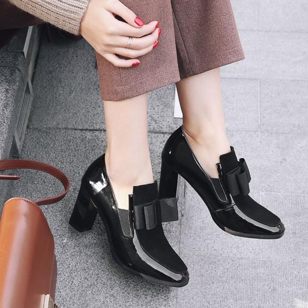 

women black work shoes thick bow shoes woman high heels pumps ladies red bottom patent leather wedding plus size 42 44