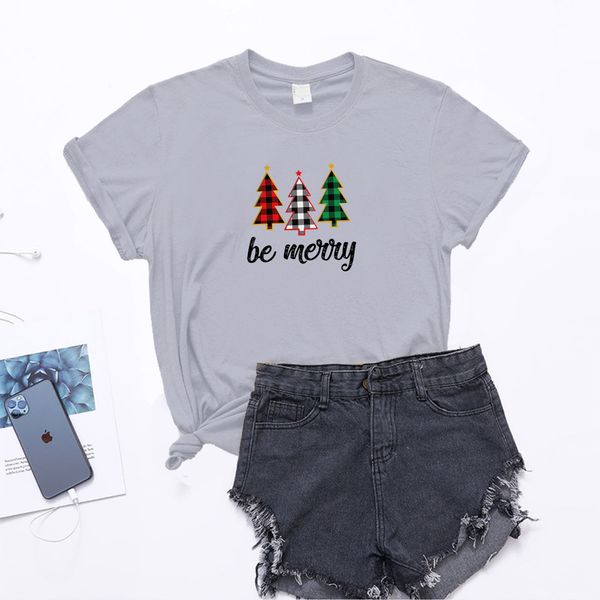 

lh20283 european and american christmas be merry pine print all-match round neck comfortable casual short-sleeved t-shirt, White