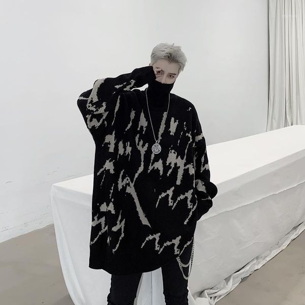 

uncledonjm men streetwear retro tie dyed pattern hip hop autumn new turtleneck oversize loose fit men's sweater autumn kk12981, White;black