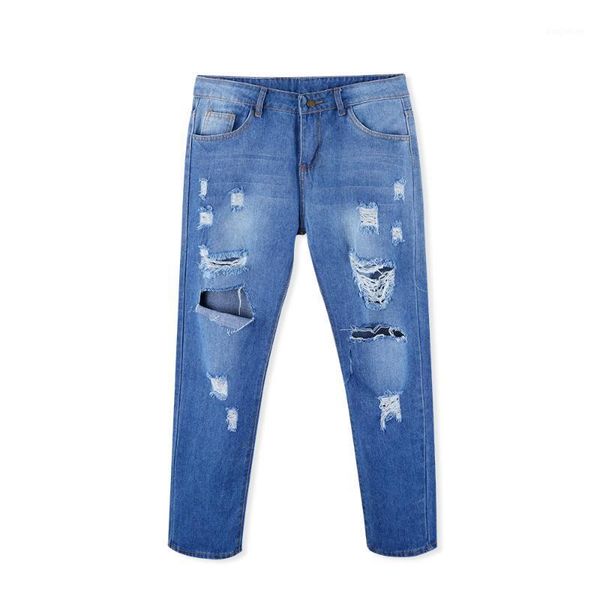 

jeans women straight washed ripped hole gradient long jeans denim regular pants ripped for women jean femme1, Blue