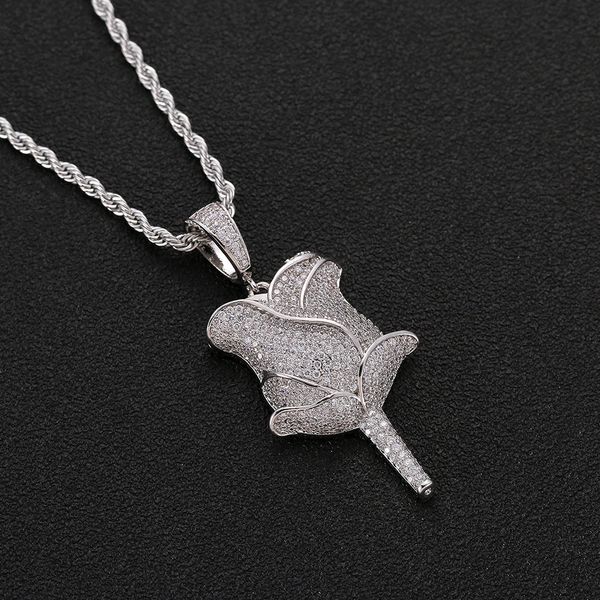 

iced out rose flower necklace pendant gold silver rose gold cubic zircon bling men hip hop jewelry