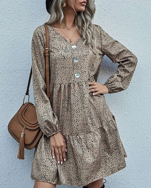 

new long sleeve loose v-neck 2020 ruffle print drs, Black;gray