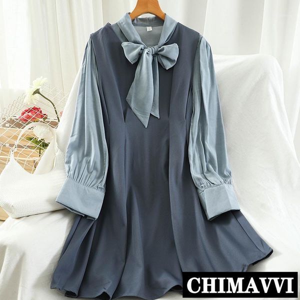

2020 new spring fall women's dress 2 piece set bow tie chiffon blouse + sleeveless dress elegant lady's set1, Gray