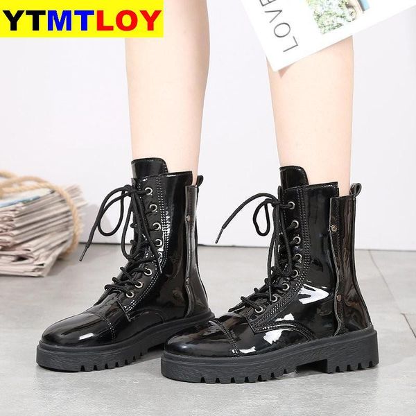 

platform ladies shoes lace up black basic 35-40 patent leather women boots fashion shoes for woman round toe 4cm heel