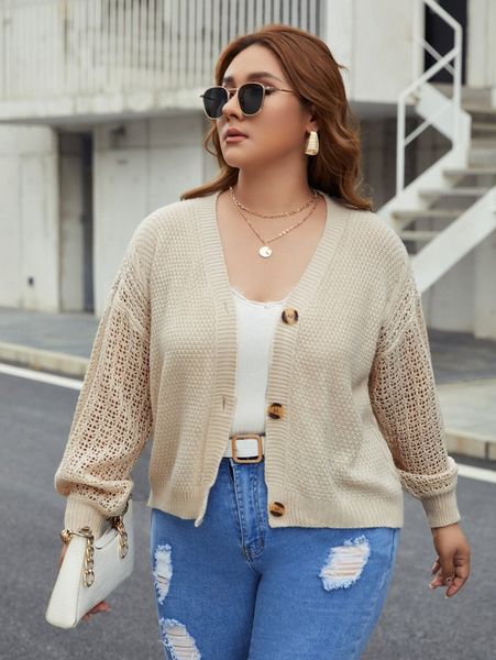 

plus drop shoulder pointelle knit button front cardigan n2cz#, Black