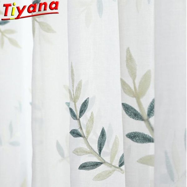 

blue/green leaves embroidery tulle curtains for living room fine leaves sheer volie for kitchen balcony x-hm456#301
