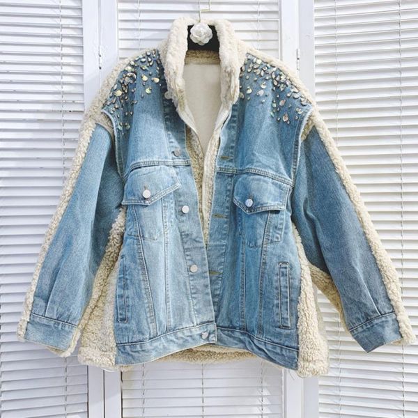 

women's jackets [ewq] 2021 winter woman turn down collar long-sleeved cashmere loose splicing diamond minimalist cardigan lambfur coat, Black;brown