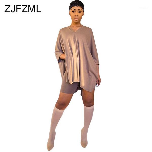 

solid plus size 2 piece outfits for women v neck batwing sleeve loose t shirt + bodycon shorts suit summer causal matching sets1, White