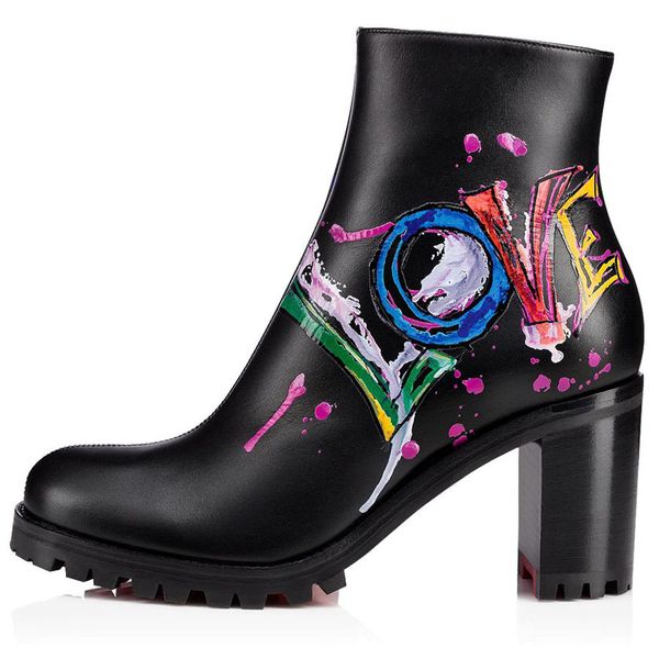 

знаменитые дизайнеры женские красные нижние лодыжки сапоги "love" graffiti кожаный проушины подошвы лодыжки ботинок красных подошве вечеринк, Black