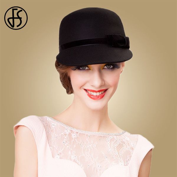 

fs black wide brim felt hat australian wool fedora hats for women ladies cloche bowler caps derby church hats chapeau femme c0123, Blue;gray