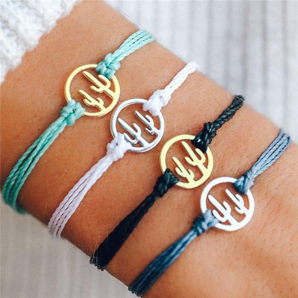 

handmade thread woven cactus bracelet multilayer original friendship wax string colorful braided bracelets for women sum, Golden;silver