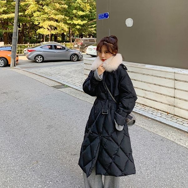 

fitaylor winter women real fur collar hooded long down coat double breasted 90% white duck down parka windebreaker with belt 201102, Black