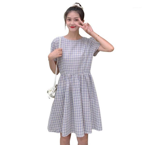 

korean fashion nursing dress plus size blue plaid cute slim fit elegant maternity breastfeeding dresses pregnancy summer 20201, White