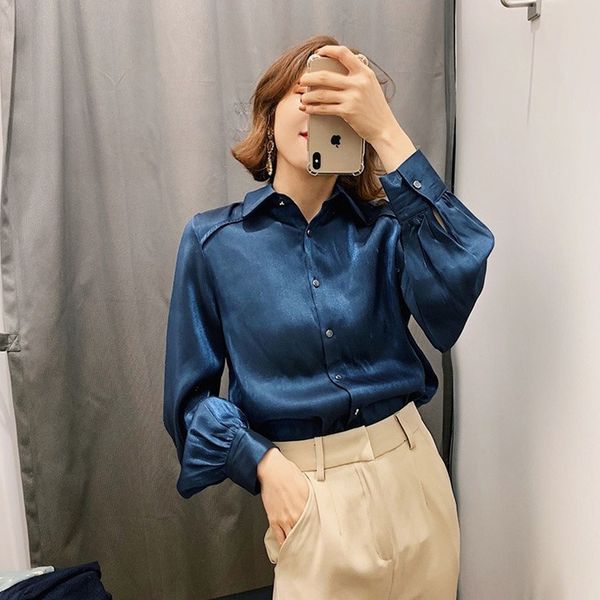 

2021 spring summer female soft satin shirts chic office lady blouse long sleeves elegant party clothes club 7pvt, White
