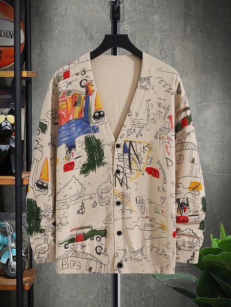 

men graffiti print button up cardigan m6fx#, White;black
