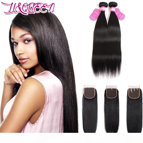 

human hair weft with closure unprocessed remy indian slik straight jet-black hair 4x4 lace closure with 2 bundles double weft 8-28inch, Black;brown