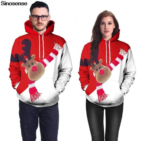

men women christmas reindeer ugly christmas sweater realistic 3d digital print pullover xmas hoodie hooded sweatshirt, White;black