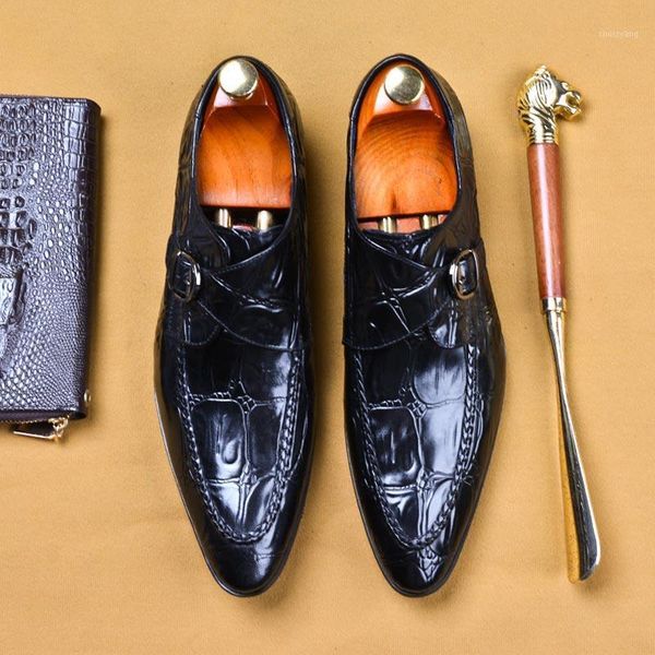 

european genuine leather men monk strap formal dress shoes point toe office business wedding shoes men's loafers a631, Black
