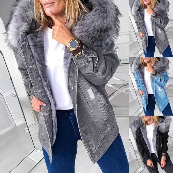 

winter women long sleeve faux fur hood plush jacket ripped buttons denim coat1, Black;brown