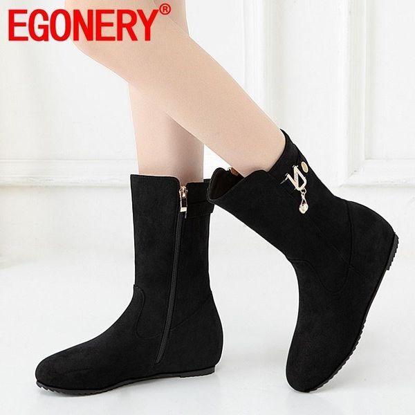 

boots egonery 2021 winter mid calf outside comfortable heels round toe zip flock women shoes drop size 32-431, Black