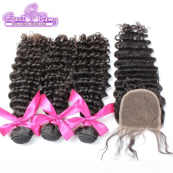 

greatremy peruvian virgin human hair extension deep wave lace closure with hair bundles 1pc+3pcs lace closure 4x4 natural color dyeable, Black