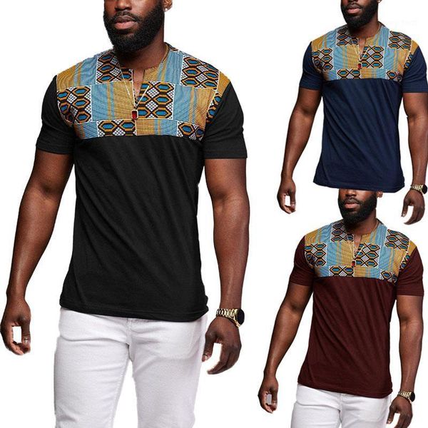 

s-5xl patchwork kente t-shirt short sleeve mens african print cut sew tees shirt v cut neck wear for men black plus size1, Red