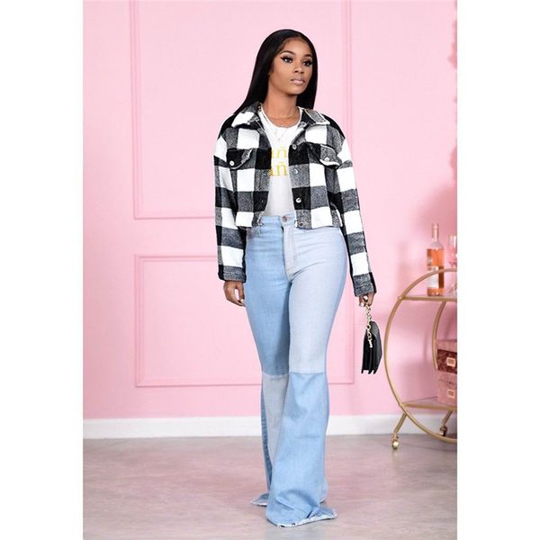 

women designer clothes winter coats long sleeves thickened double-sided plush fleece plaid jacket contrast color outerwear coats d112002, Black;brown