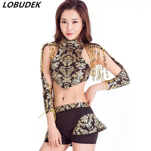 

women jazz modern dance costume nightclub bar dj singer stage outfit gold 3d printed rivet tassel shorts dance clothing1, Black;red