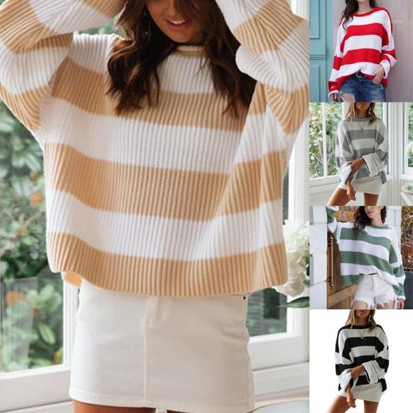 

2020 autumn winter new fashion women striped loose sweater round neck popular pullover jumpers knit simple wild warm sweaters1, White;black