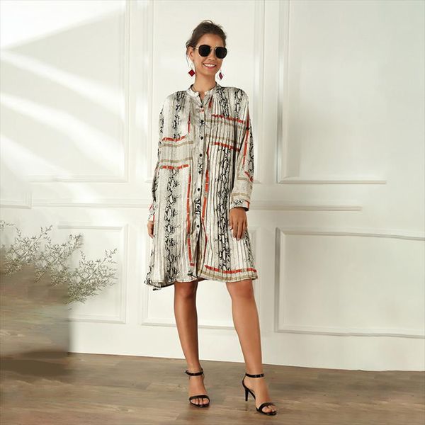 

ewq] 2020 spring summer stand collar long sleeve print single breasted adjustable waist casual shirt dress women 3aj06510xl, Black;gray
