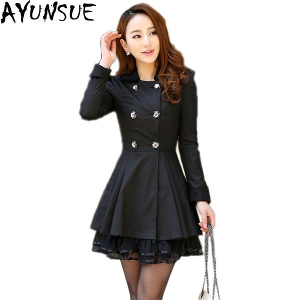 

ayunsue women's windbreaker plus size trench female coat pink black long coat women clothing lace overcoat abrigo mujer kj331, Tan;black