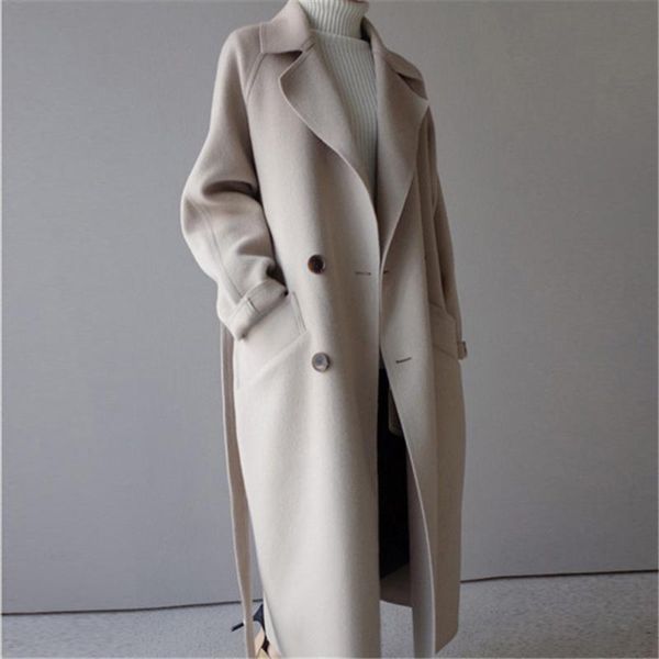 

2020 casual double breasted woolen coat female korean elegant office lady overisze outwear autumn winter slim long coat women, Black