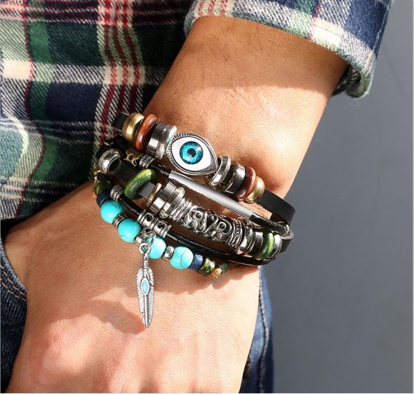

retro feathered turquoise evil eye beaded multi layer leather rope bracelet punk sunflower eye leather bracelet, Black
