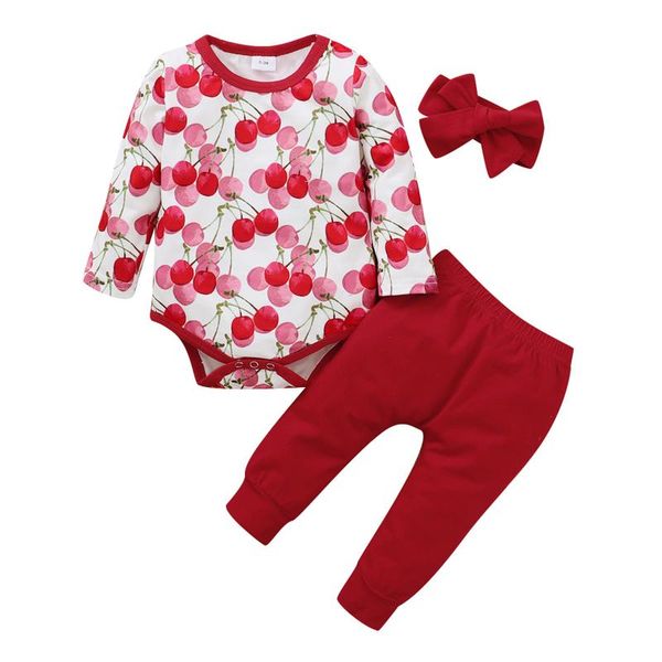 

infant baby girl clothes set long sleeve fruit print romper bodysuit pants headbands outfits vetement enfant fille newborn cloth, White