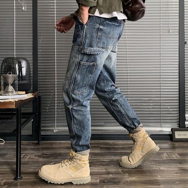 

fall/winter washed cargo jeans men loose jeans large size japanese stitching feet harem trendy straight pants vintage men, Blue